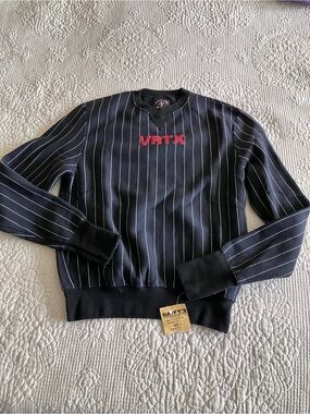 Black Pinstripe Crewneck Sweater with Red Logo
